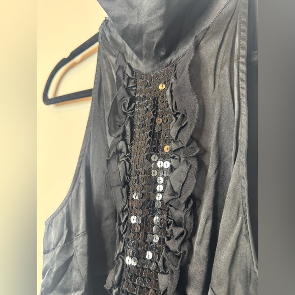 Bebe Black Silk Short Sleeve Top Medium Pinup Sexy Retro Y2K Sequin Blouse Shirt - Picture 9 of 9